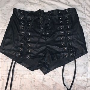 Black leather lace up biker shorts